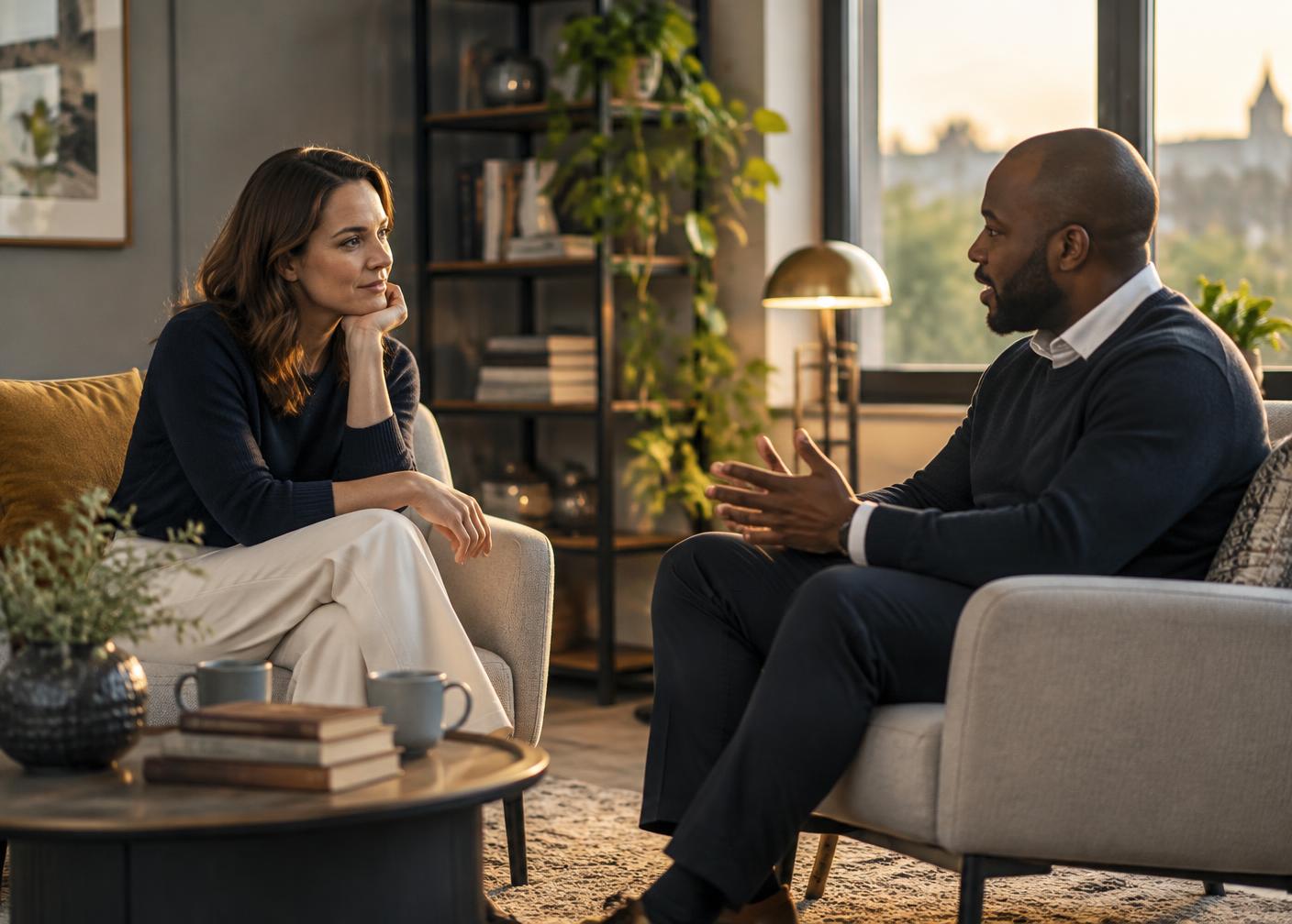 Two people having a quiet, supportive conversation at work