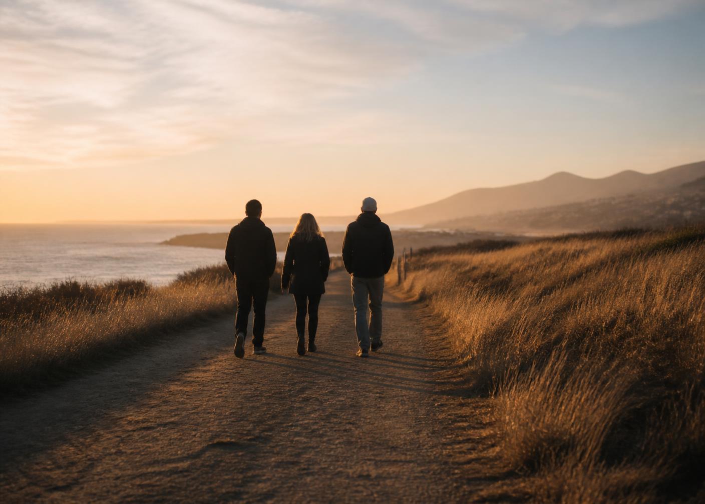 People walking together along an open coastal path at golden hour