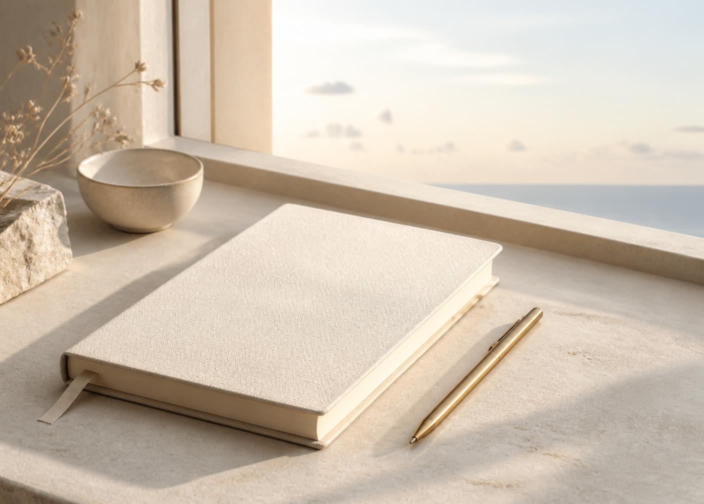 An ivory linen journal and brass pen on a deep navy surface